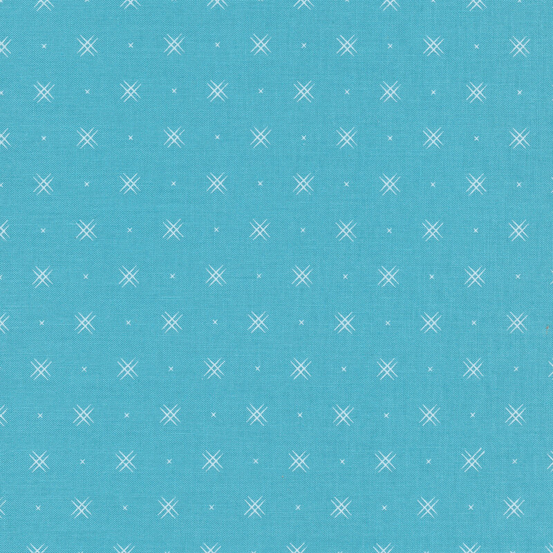 Bright blue fabric with rows of small white x's and double criss-cross patterns