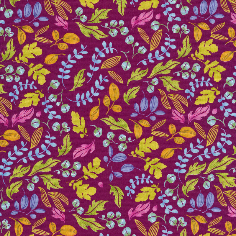 Plum purple fabric with colorful leaves and sprigs all over