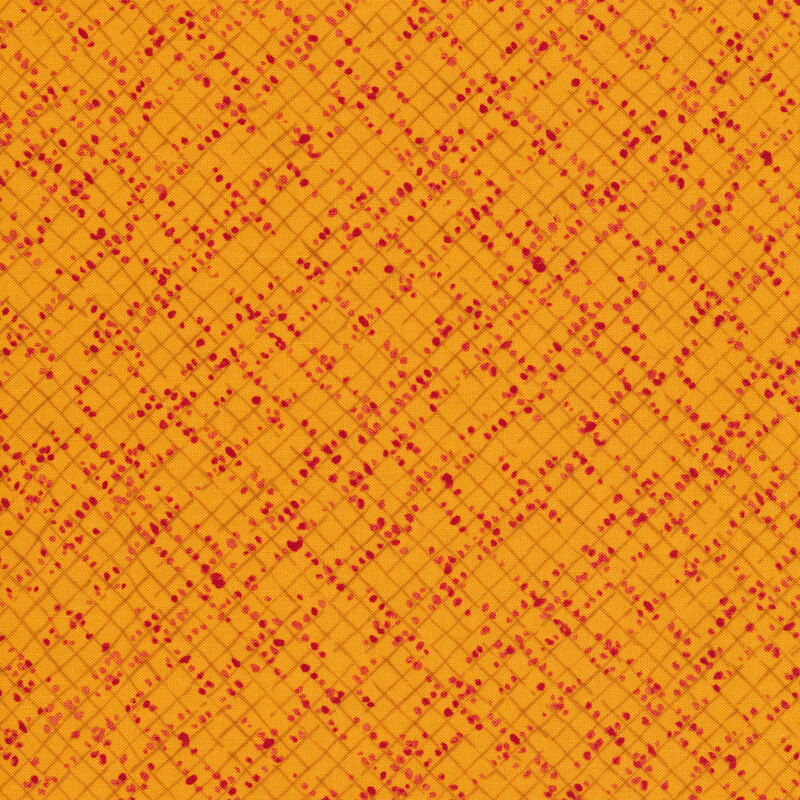 Golden orange fabric with a dark red lattice pattern and tiny flowers all over