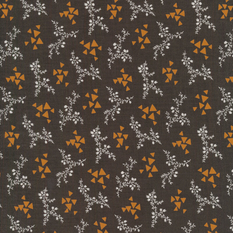 cream vines and clusters of orange triangles on a dark gray background