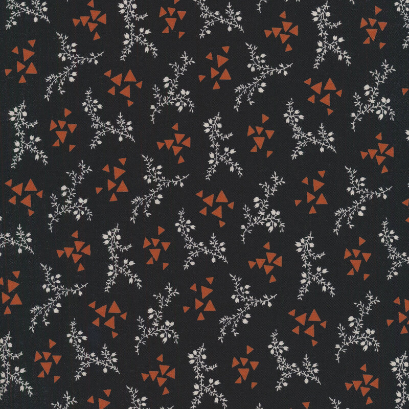 cream vines and clusters of orange triangles on a black background