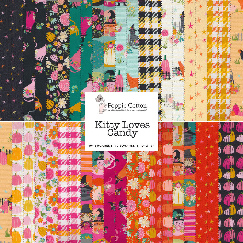 collage of all fabrics included in Kitty Loves Candy layer cake