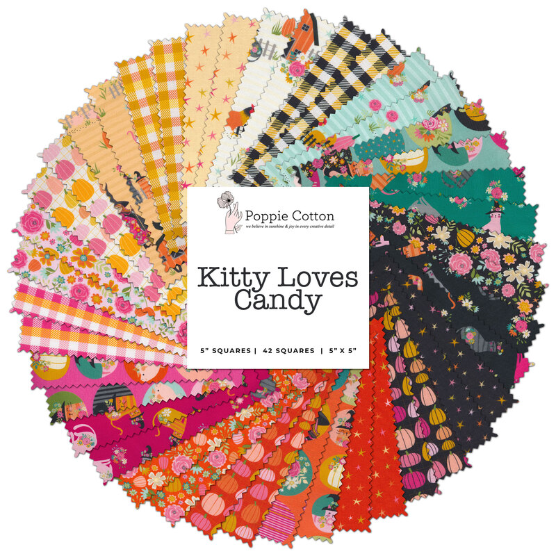 collage of all fabrics included in Kitty Loves Candy charm pack