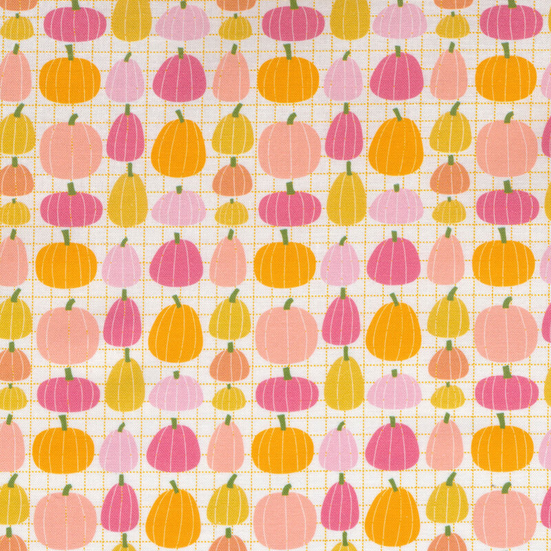 White fabric covered in colorful pumpkins