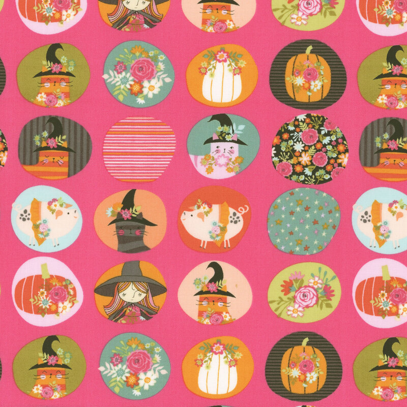 Bright pink fabric with circular badges each with a colorful illustration