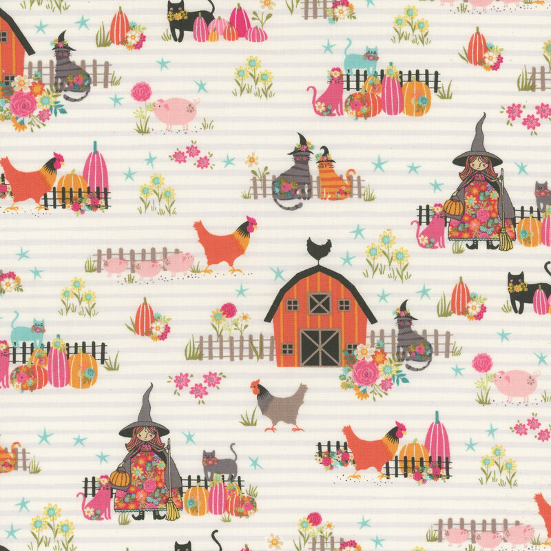 White fabric with farmhouses, chickens, cats in witch hats, pumpkins and flowers