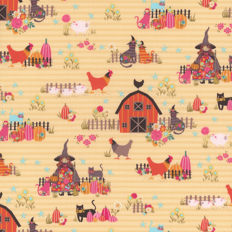 Light yellow fabric with farmhouses, chickens, cats in witch hats, pumpkins and flowers