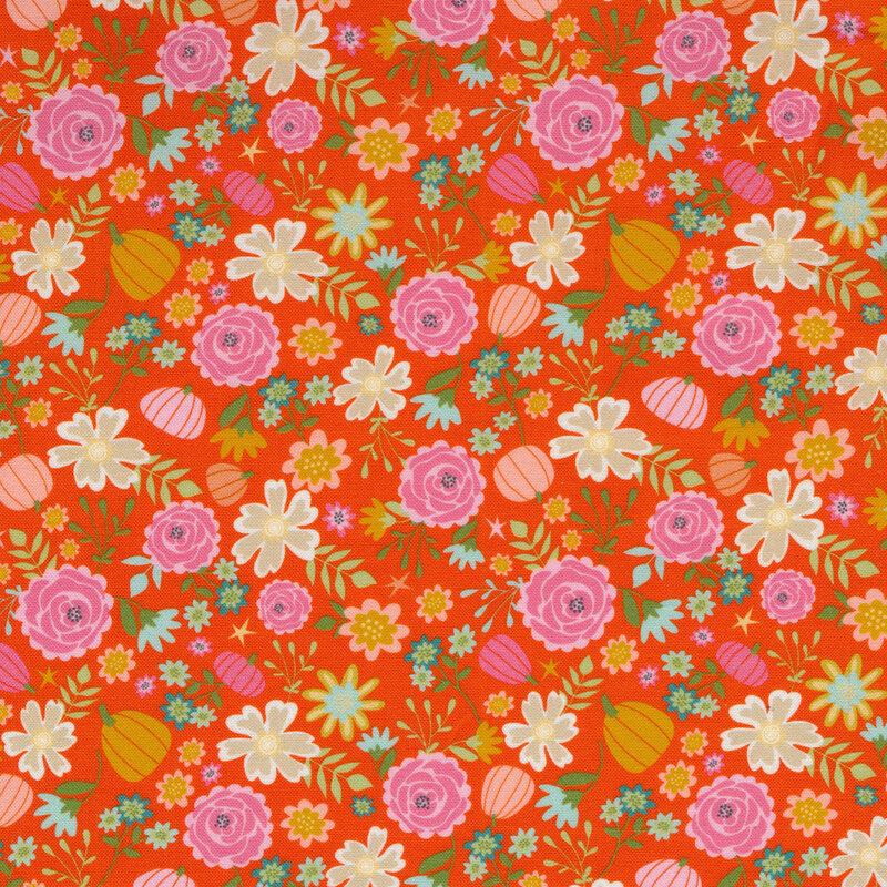 Bright orange fabric with colorful flowers all over