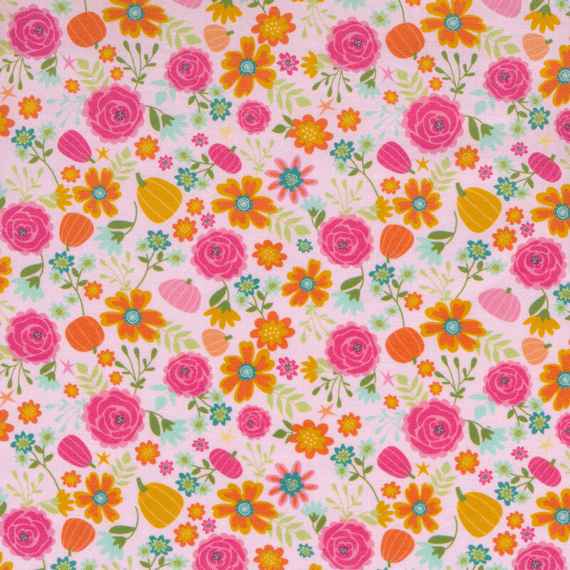 Light pink fabric with colorful flowers all over