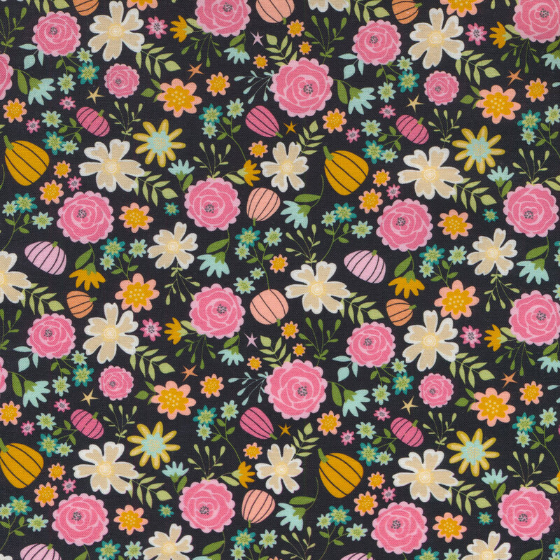 Black fabric with colorful flowers all over