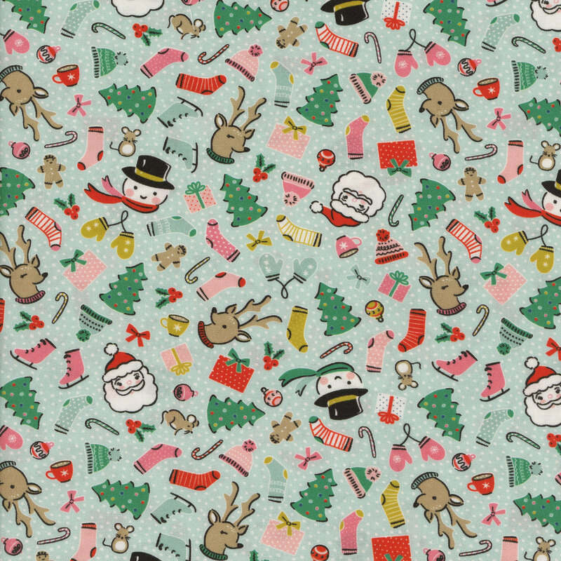 Light teal fabric with tossed Christmas motifs such as Santa Claus, reindeer, mittens, Christmas trees, and more