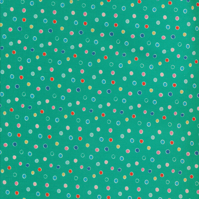 Teal fabric with multi-colored polka dots all over