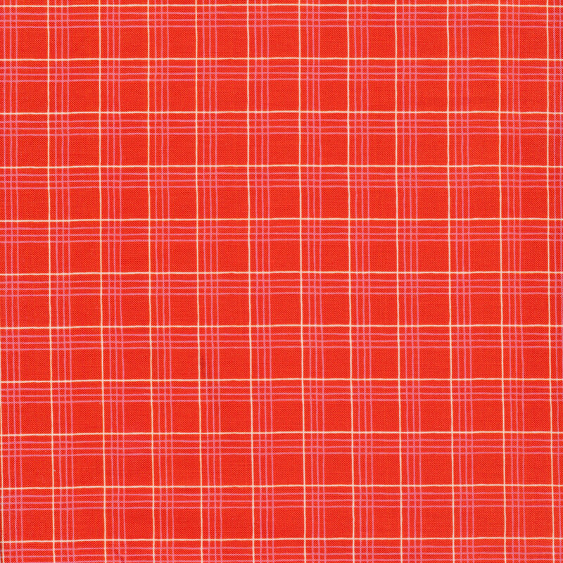 Bright red fabric with small pin striped plaid designs