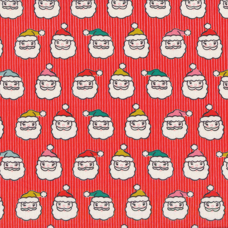 Fabric with illustrated Santa Claus faces all over a tonal red striped background