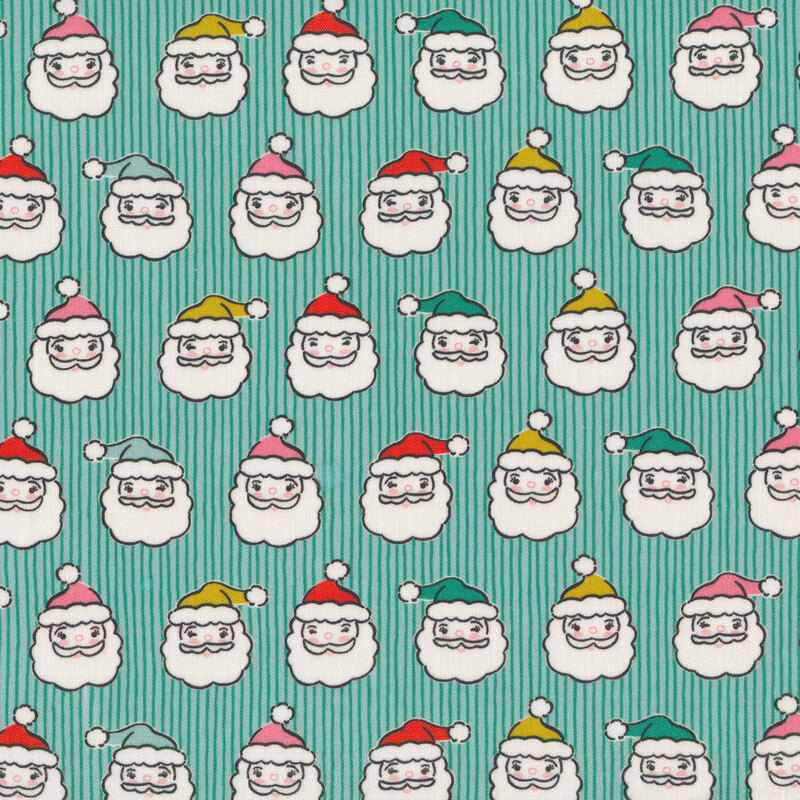 Fabric with illustrated Santa Claus faces all over a tonal teal striped background