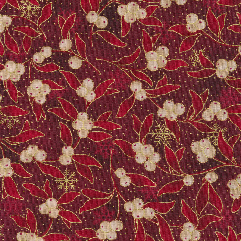 Red mottled fabric with white berries, leaves, and gold metallic snowflake accents