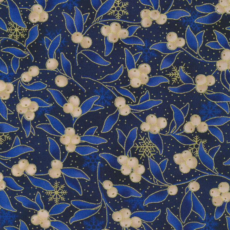 Blue mottled fabric with cream berries, leaves, and gold metallic snowflake accents