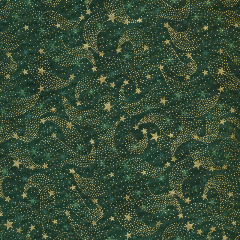 Green mottled fabric with metallic gold shooting stars and speckled trails all over
