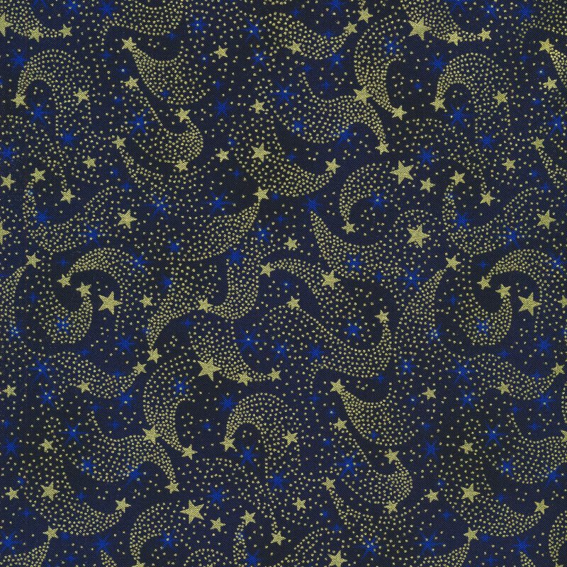 Blue mottled fabric with metallic gold shooting stars and speckled trails all over