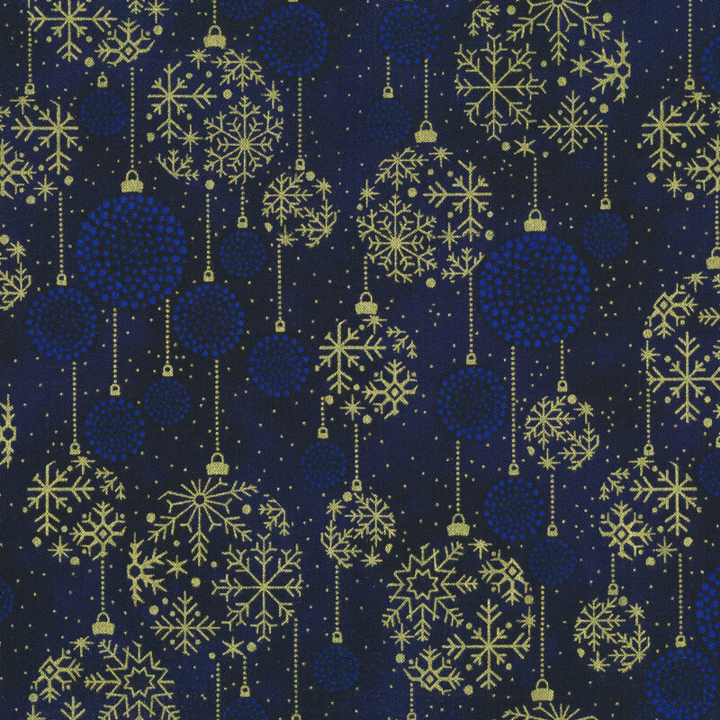 Blue mottled fabric with metallic gold Christmas ornaments