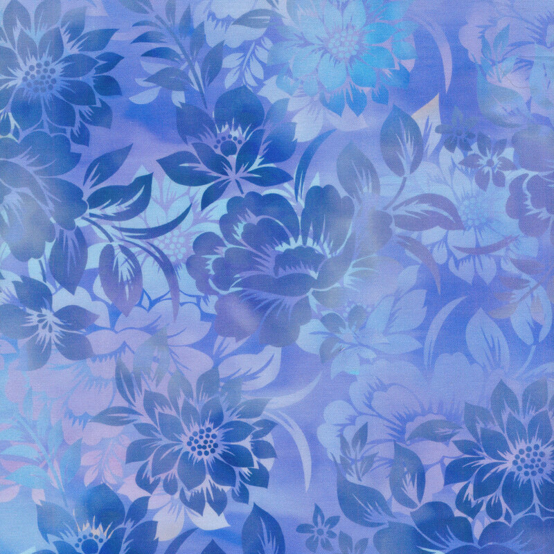 dark blue and light blue mottled floral fabric