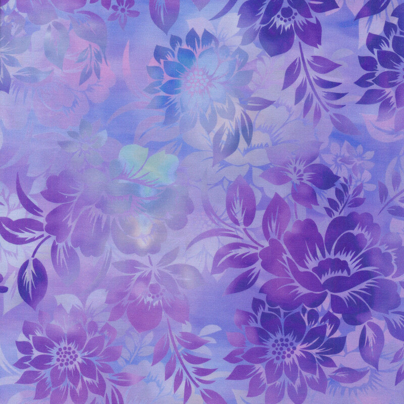 blue, pink and purple floral mottled fabric