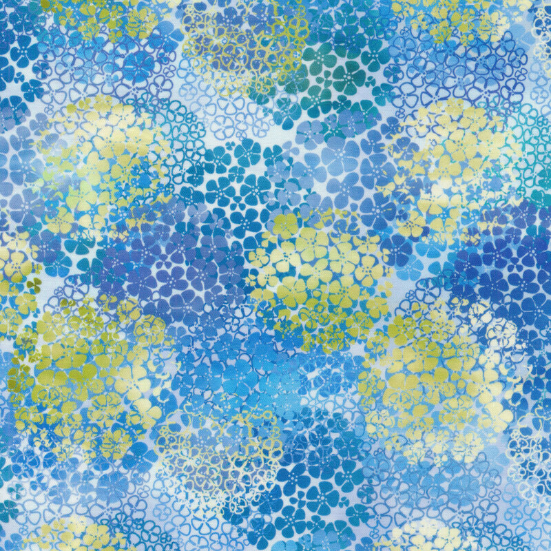 dark blue, light blue and green mottled hydrangea print fabric