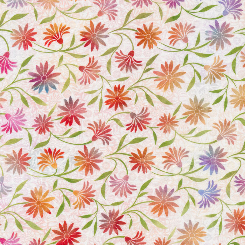 orange and red flowers with blue and pink flowers on a light peach swirl background