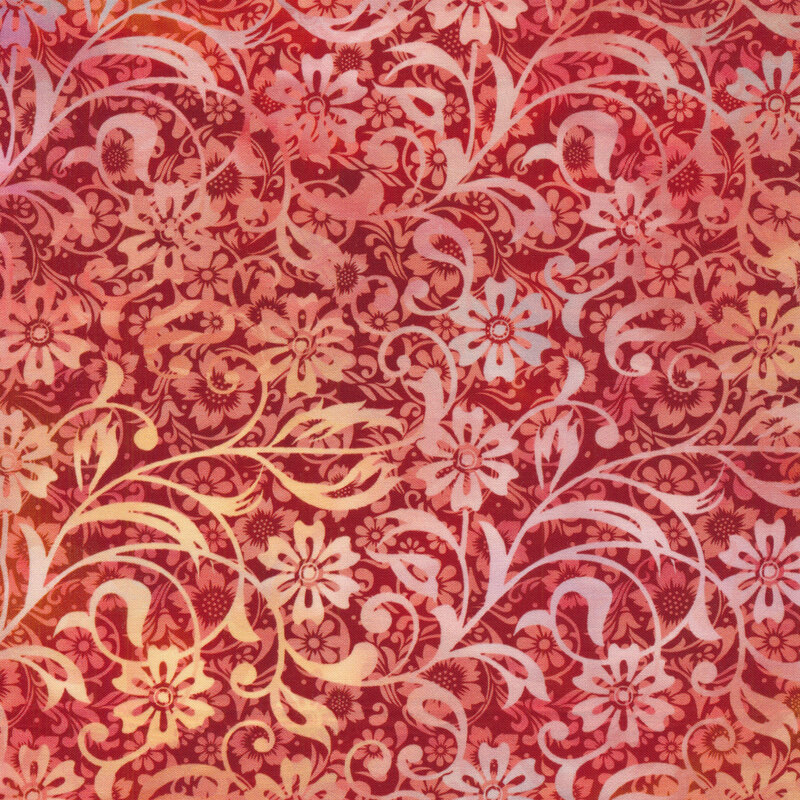 colorful swirls on a burnt orange and red swirl background.