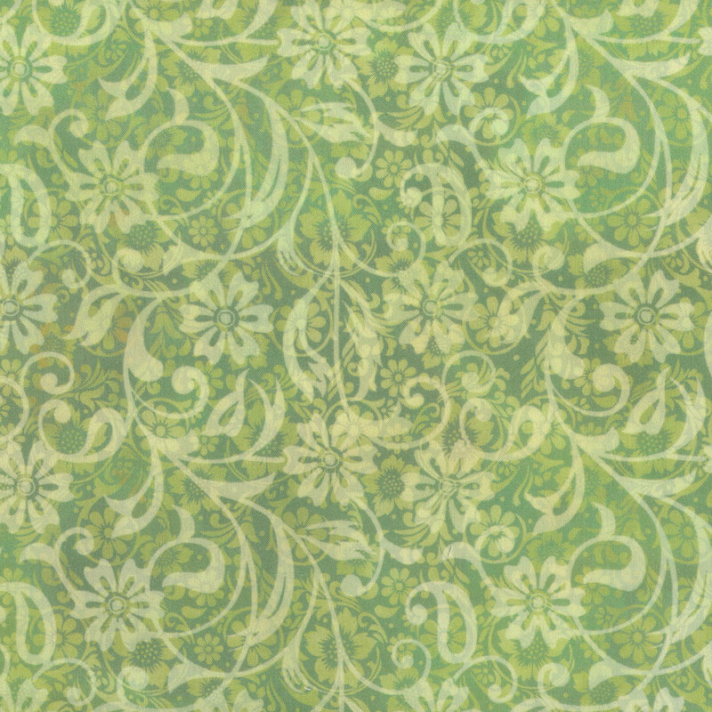 green tonal of florals and swirls 