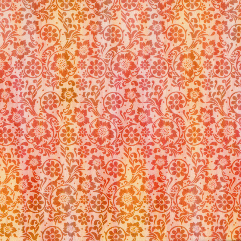 orange tonal swirls and flowers on a lighter orange background