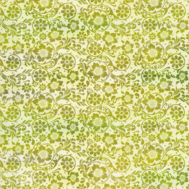 green flowery scroll print on a lighter green background