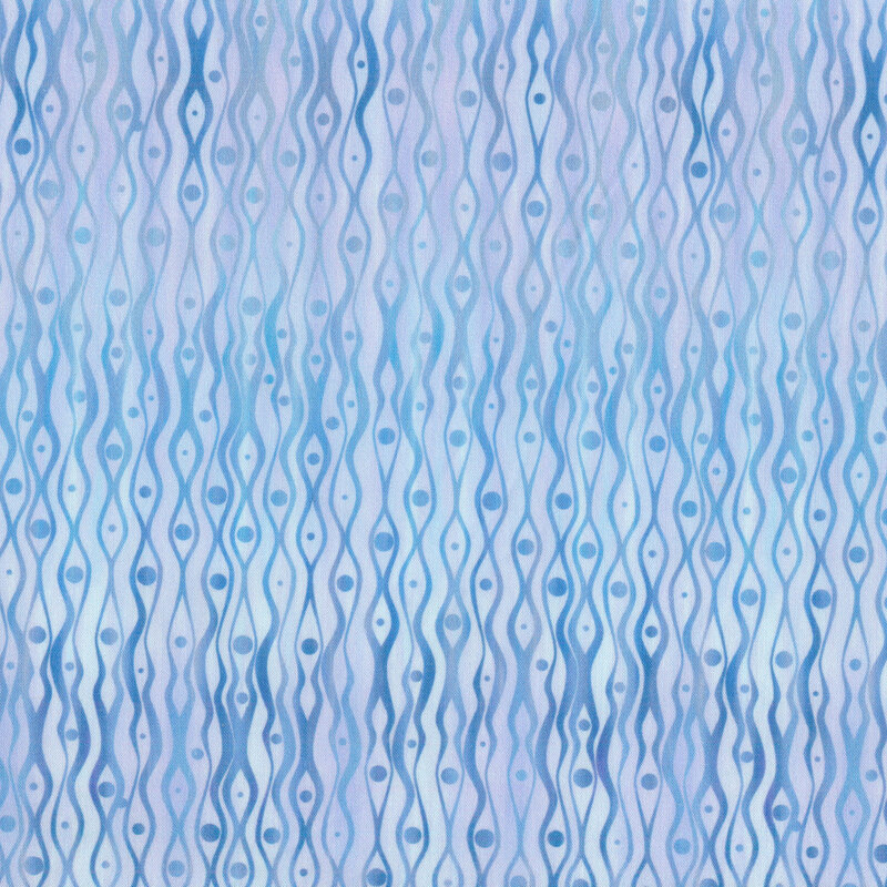 blue waves and dots on a light purple and blue mottled background.