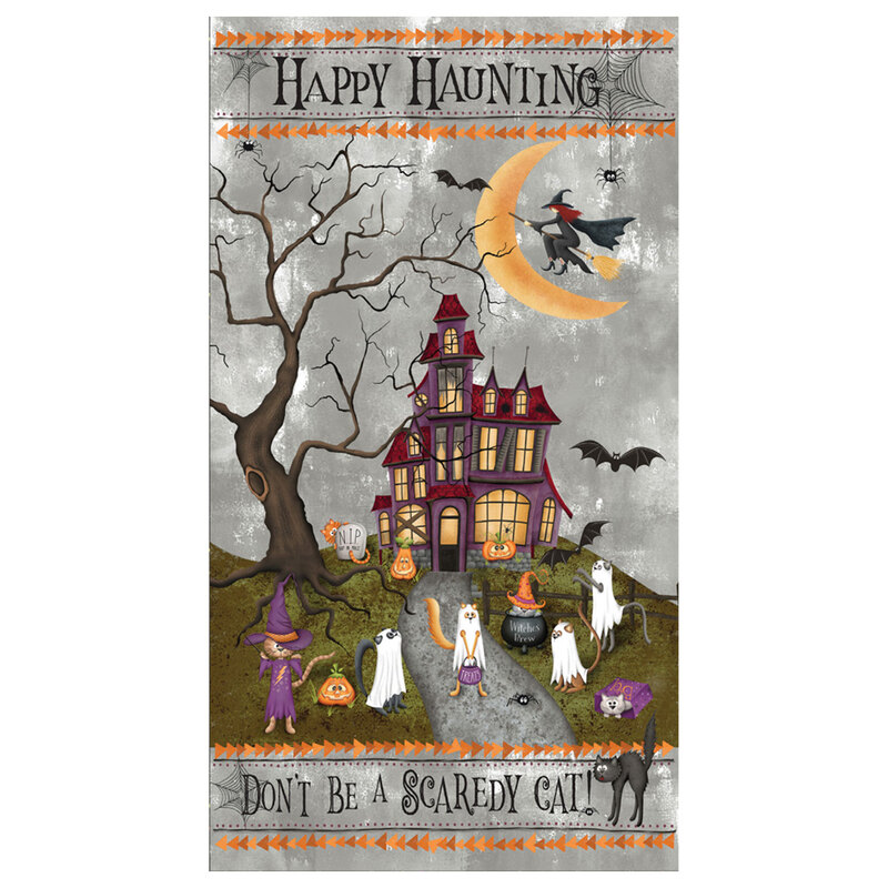 full image of panel beaturing a mottled gray background and a haunted house scene from outside with a bare tree, a witch flying in front of a crescent moon, and cats in costumes along the walkway in the foreground.