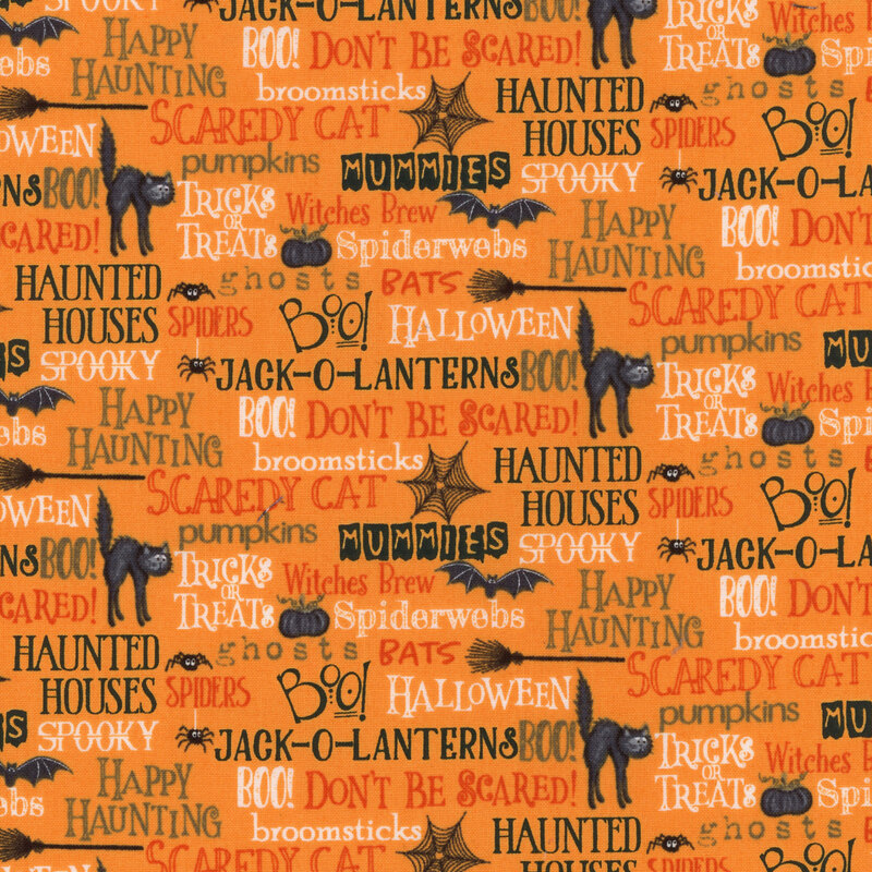 Orange fabric with dark orange, black and white words, phrases, and halloween motifs all over