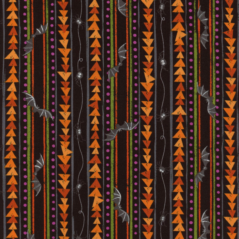 Vertical black stripes with orange triangles, gray bats, and black spiders and skinny green stripes and rows of purple dots