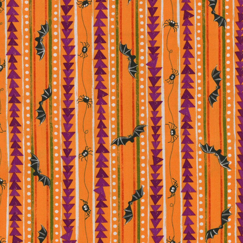 Vertical orange stripes with purple triangles, black bats, and spiders and skinny green stripes and rows of white dots