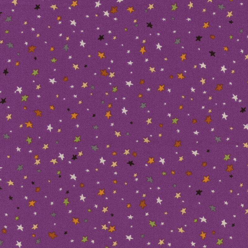 Purple fabric with scattered multicolored stars all over