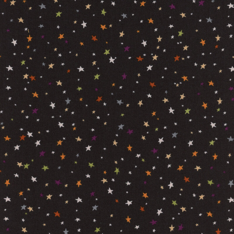 Black fabric with scattered multicolored stars all over