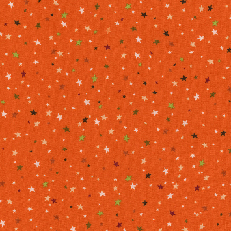 Orange fabric with scattered multicolored stars all over