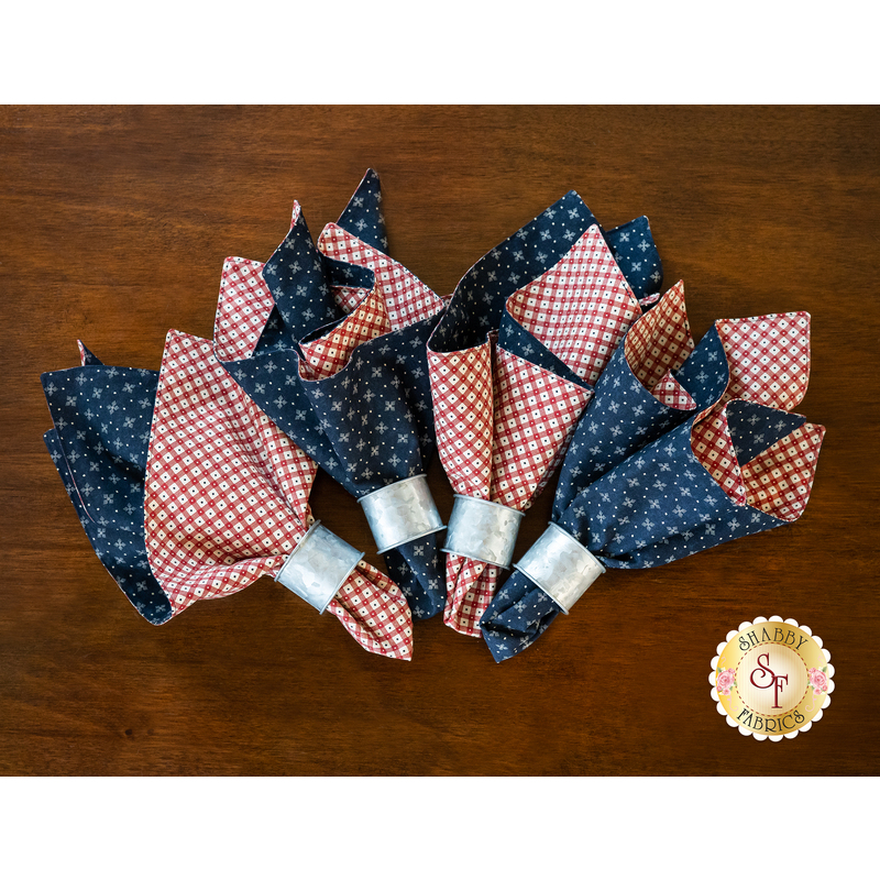 Cloth Napkins featuring cream pinwheels on blue on one side, and red gingham on the other.