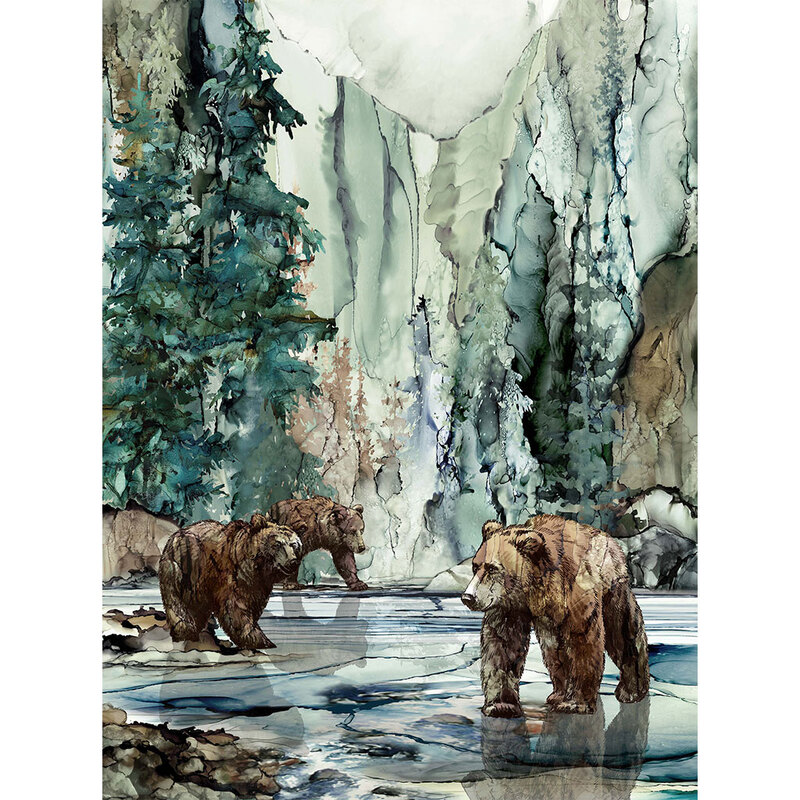 A watercolor panel with a scene of grizzly bears near pine trees and a lake