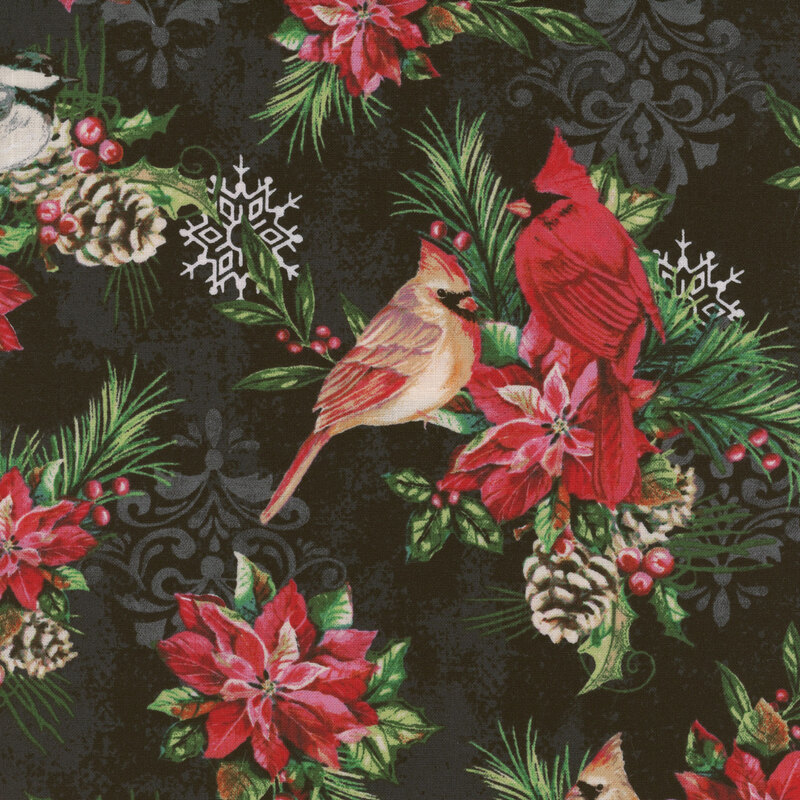 Fabric featuring cardinal birds on poinsettias and pine on a black background with gray damask print
