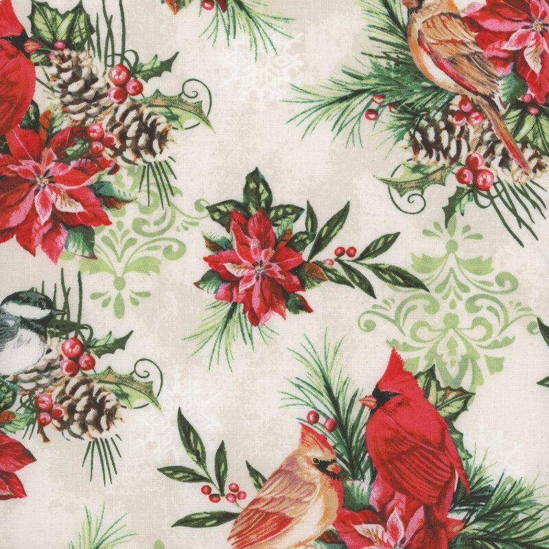 Fabric featuring cardinals with poinsettias and pine on a cream background with light green damask print
