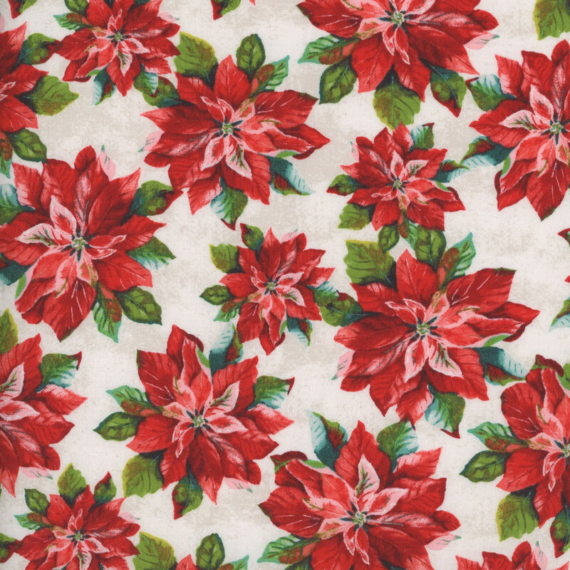 Fabric featuring poinsettias on a white background