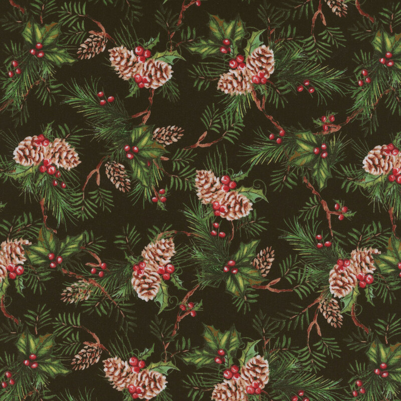 Fabric featuring pine branches with holly berries and leaves on a black background