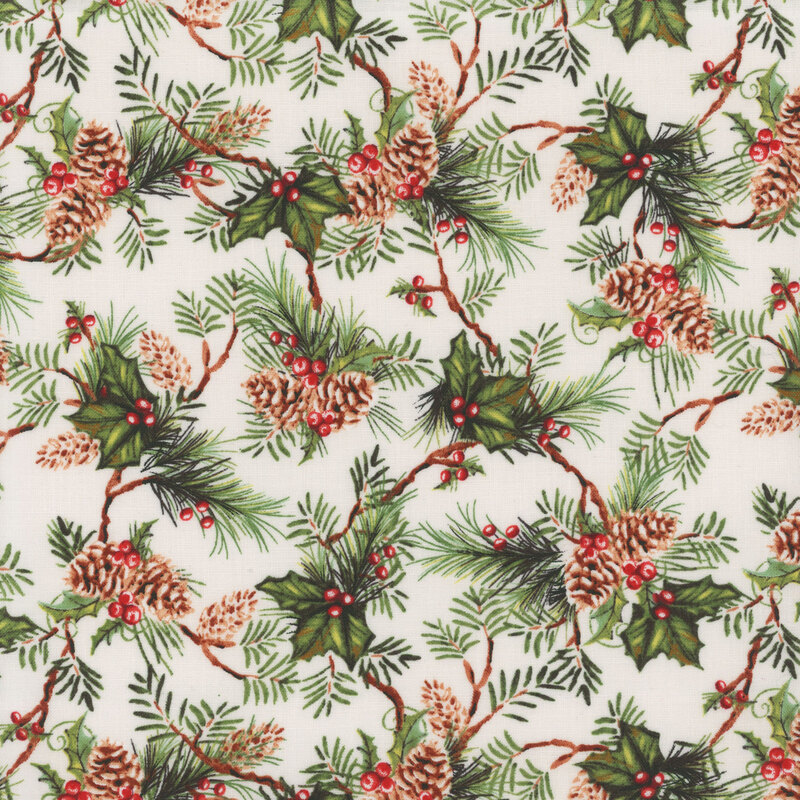 Fabric featuring pine branches with holly berries and leaves on a cream background