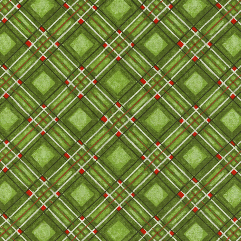 Green plaid fabric with red and white accents 