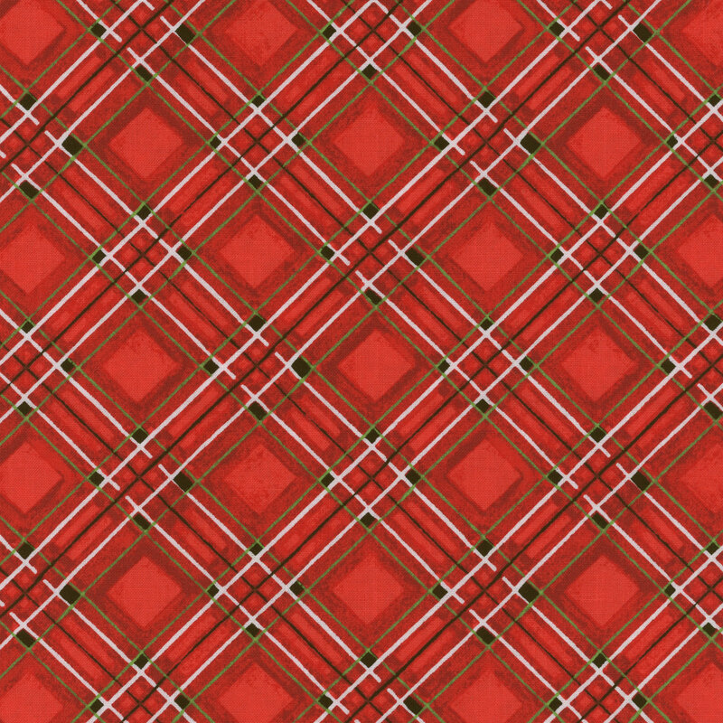 Red plaid fabric with green and white accents 
