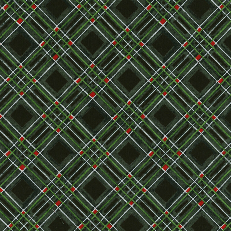Black plaid fabric with white, red, and green accents